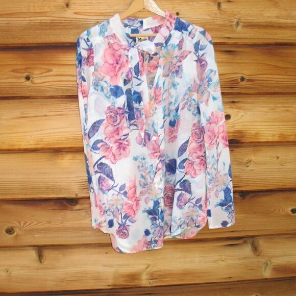 NWT White Floral Tie Neck Blouse - Picture 2 of 9